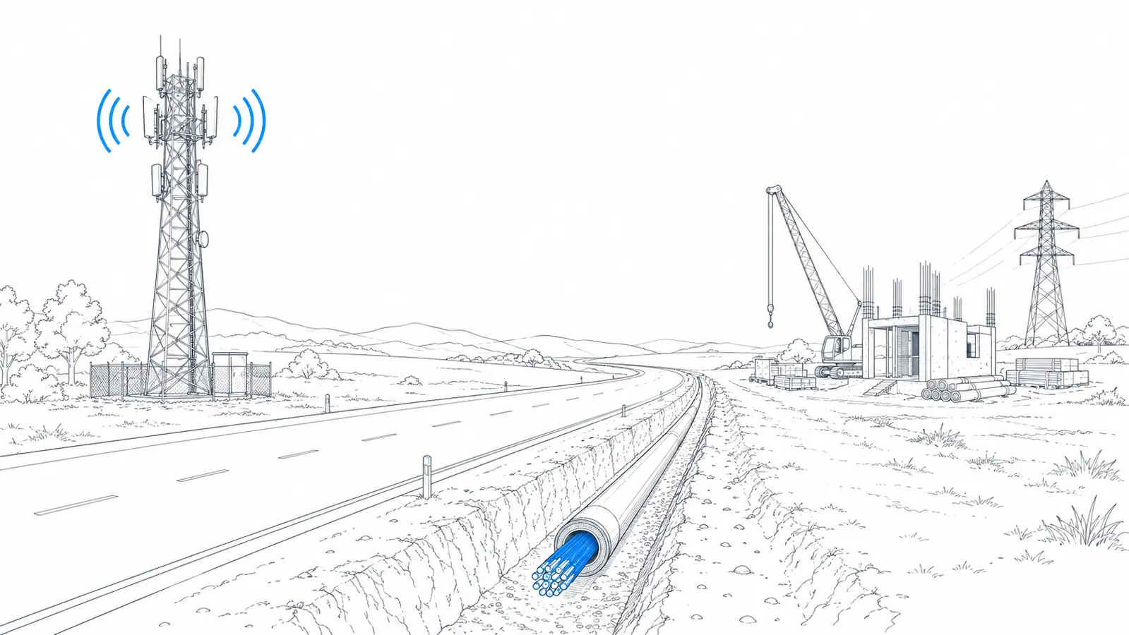 Strichzeichnung: Funkturm mit Signalwellen, Glasfaser-Künette entlang einer Straße, Baustelle mit Kran und Strommasten