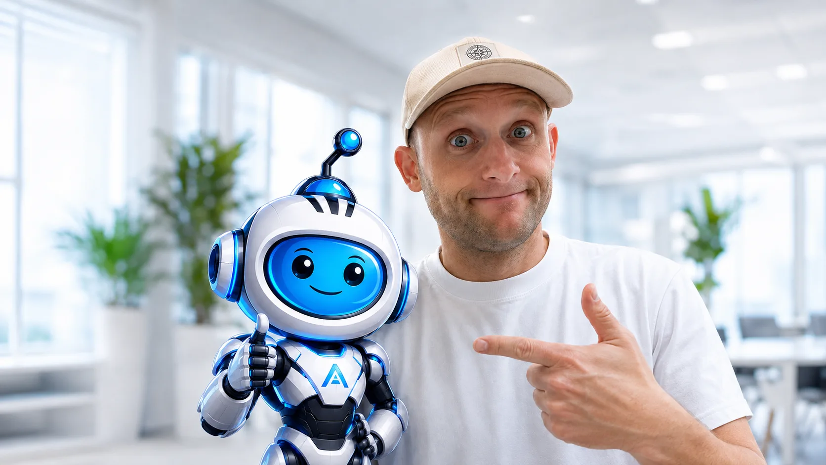 Marco Dworschak mit der alanda-Figur im Büro